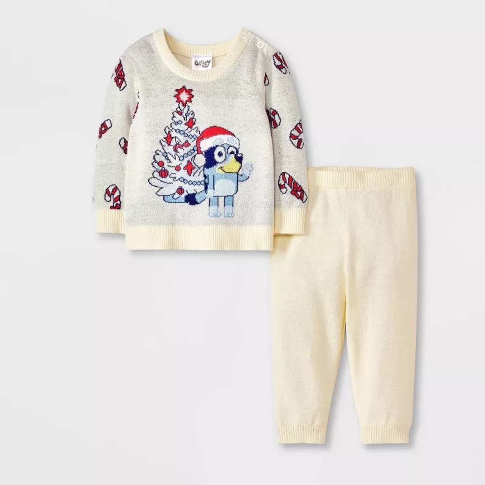 Baby Bluey Christmas Tree 2pc Sweater Top and Bottom Set - Ivory nwt